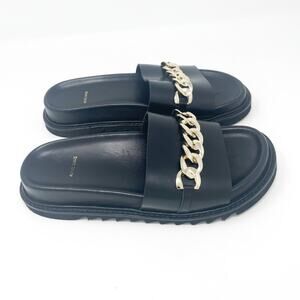 ANINE BING Slides Sandals Black Leather Gold Cuban Link Chain Strap EU 38